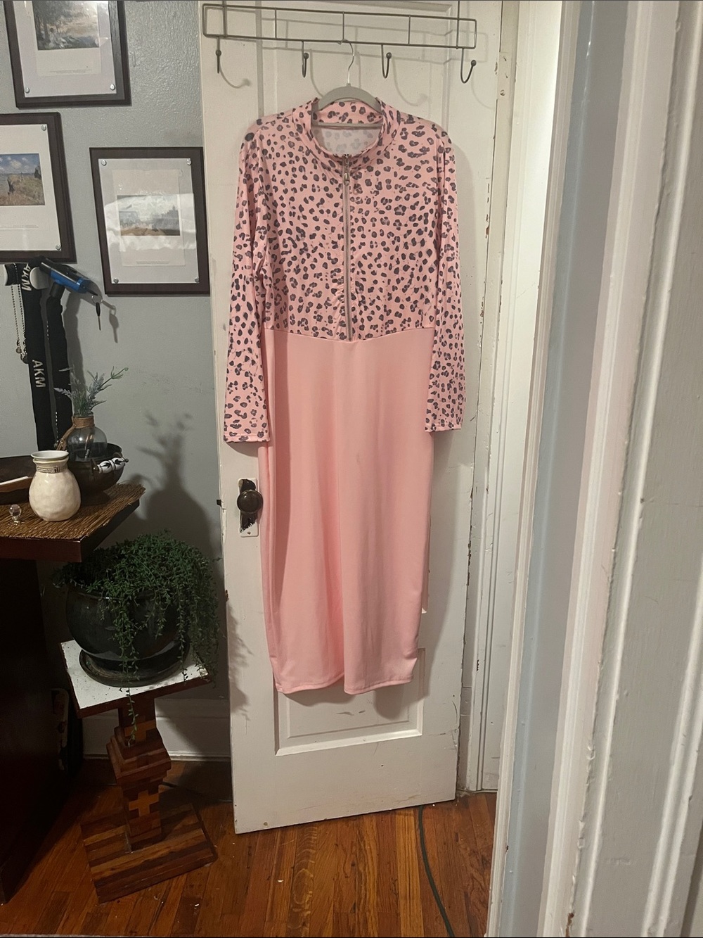 Pink Leopard Print Zip-Front Women's Dress